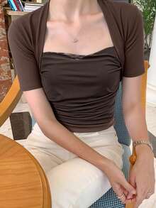 DAZY Camiseta de manga corta ajustada con parches de malla de unicolor para mujer, tops lindos para primavera/verano - Café integral - Ver 5