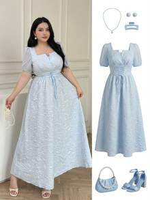 Vibekara 大码纯色法式纹理连衣裙，春夏常规款浅蓝色连衣裙，大码浅蓝色孕妇连衣裙，夏季连衣裙，曲线款浅蓝色连衣裙，曲线款夏季大码连衣裙，大码浅蓝色连衣裙，复活节连衣裙，曲线款长款连衣裙，女士大码连衣裙，女士正式连衣裙，2026新款连衣裙，舞会礼服，曲线款公主裙 - 藍色 - 查看 7