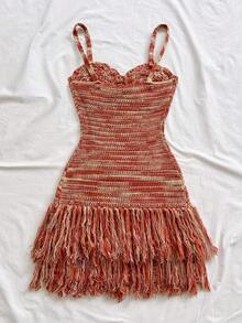 Soleia Vestido mini ajustado con tirantes de espagueti, bajo con flecos y con forma de concha, adecuado para la playa, la isla, las vacaciones, el estilo bohemio, vintage y festivo - Multicolor - Ver 2