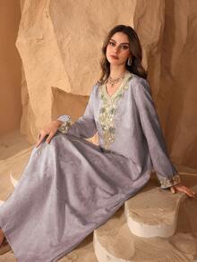 Al Najma Luxurious Embroidered Beaded Loose Jacquard Fabric Turkish & Arabic Traditional Long Robe For Women - Pink - View 7