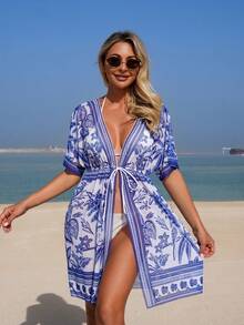 Swim Lushoire 春夏沙滩度假畅销款宽松印花短袖前系带和服罩衫 - 彩色 - 查看 3