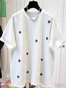 SHEIN Áo thun nữ cổ tròn in họa tiết và thêu - Áo thun cổ tròn dáng thường ngày - Áo thun mỏng nhẹ phù hợp cho mọi mùa. - trắng - Xem 3