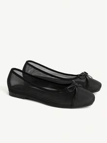 CUCCOO CHICEST Black Mesh Bow Comfortable Women's Flat Shoes - Black 2 - View 2