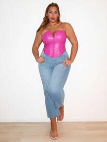 MelDlgn Plus Size Solid Center Front Button Decoration PU Leather Black Tube Top,Fall Clothes For Women - Hot Pink - View 6