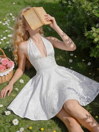 Glamine Charm French Chic White Jacquard Halter Deep V Mini Dress With A High-Waist Fit & Flare A-Line Skirt For A Slimming Look And A Playful Hem. Perfect For Afternoon Tea,Tea Party, Garden Party, Date Night, Birthday, Cocktail, Photoshoots, And Vacation Resort Wear,Suitable As An Afternoon Tea Dress , Tea Party Dress, Garden Party Dress, Cottagecore Dress, Picnic-Style Summer Sundress, And Vacation,Resort Outfit