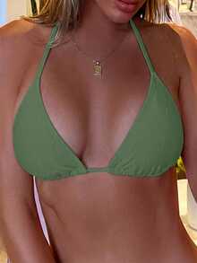 Swim Basics 女士夏季沙滩纯色吊带系带性感比基尼上衣 - 綠色 - 查看 4