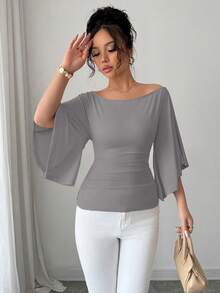 Celisse Knitted High Elasticity Flare Sleeve Women T-Shirt - Grey - View 6