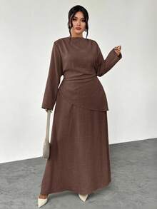 Firerie 大码春夏秋冬四季新款优雅休闲通勤办公套装：长袖不对称褶皱腰身修身衬衫 + 常规A字裙摆半身两件套 - 摩卡棕 - 查看 3