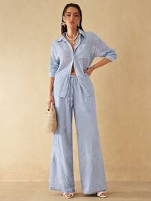 Silquee Women's Light Blue Floral Embroidered Pyjamas Set Two Piece,Boho Drop-Shoulder Long-Sleeved Single-Breasted Pocket Shirt,Holiday Vacation Autumn - Blue - View 5