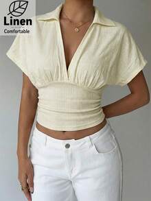 Aloruh 女士休闲米黄色套头衫，舒适纯棉V领蝙蝠袖短袖修身衬衫，简约设计，适合日常穿着 - 淡黃色 - 查看 4