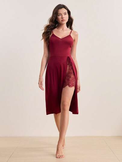 SHEIN 对比色蕾丝性感女士开衩睡衣睡裙