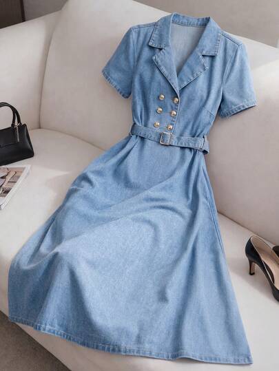 GlowEve Women's Fashionable Double-Breasted Belted Short Sleeve Denim Dress
