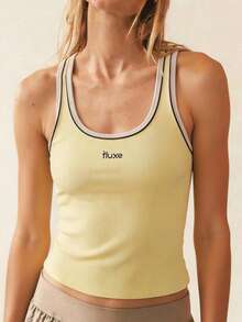 Fluxe 女士字母罗纹休闲背心，夏季女装，春假、派对、海滩、毕业典礼、女士运动服、派对上衣、外出上衣，黄色上衣 - 黃色 - 查看 2