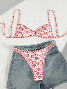 Swim Mod 春夏新款欧美甜美花卉拼接格纹流苏双面两件式泳衣套装，系带挂脖比基尼上衣和高腰泳裤，白色背景碎花图案，性感比基尼泳装，适合海滩、度假、生日派对等场合 - 彩色 - 查看 4