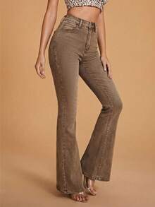 Selenza 女士口袋纽扣休闲百搭日常喇叭牛仔裤 - 咖啡棕 - 查看 2