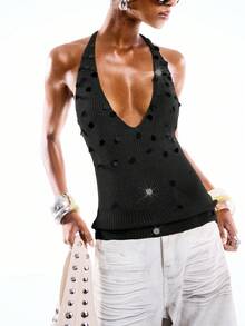 LYSMO Top de punto con escote halter y espalda descubierta hecho a mano con cuentas - Negro - Ver 7