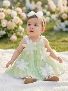 SHEIN Vintaside Kids Baby Girl Cute Bow Strap Dress, Summer - Green - View 7