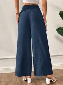 SHEIN Essnce 夏季裤子女士条纹抽绳腰直筒宽松休闲裤 - 藏蓝色 - 查看 2