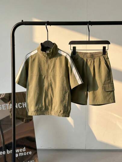 3pcs Set Young Boys Stand Collar Cardigan, Short Sleeve Top And Shorts, Casual Outfit Suitable For Commuting, School, Daily Wear, Sports, Summer