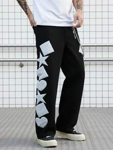 Manfinity EMRG New Geometric Embroidery Straight Slim Fit Black Denim Jeans, Spring/Summer - Black - View 5