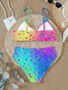 渐变印花，海滩度假风，少女休闲简约修身吊带背心和三角比基尼泳衣套装，适合夏季休闲度假，#Coconutgirl - 彩色 - 查看 3