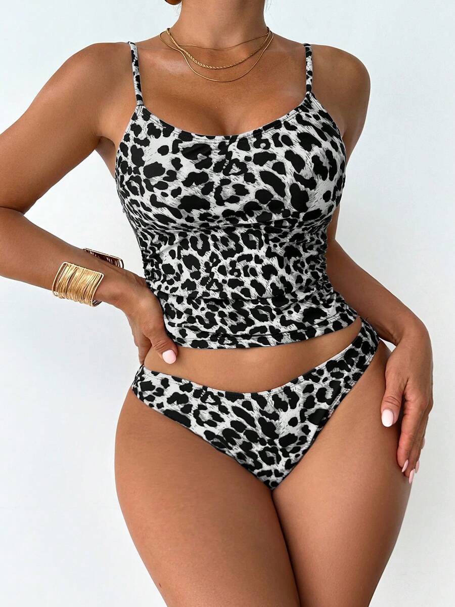 SHEIN Swim Bộ bikini nữ mùa hè gợi cảm họa tiết da báo với dây đeo điều chỉnh được. - Đen và trắng - Xem 1