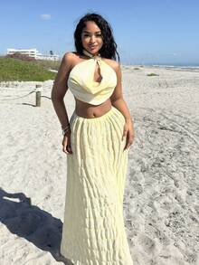Alexandranx 女士性感优雅交叉垂坠领镂空扎染印花露背垂坠领吊带背心 - 黃色 - 查看 6