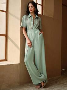 Anewsta 女士舒适弹力腰侧口袋宽松阔腿休闲裤，春夏款 - 綠色 - 查看 3