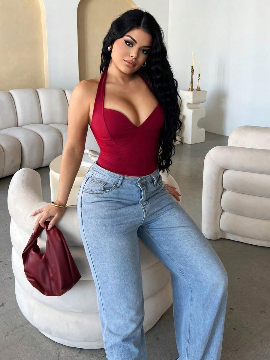 Dayanna Comas Women's Fashion Casual Sexy Solid Color Halter Backless Tank Top - Burgundy - View 1