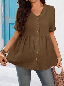 SHEIN Maternity Solid Color Minimalist Casual Short Sleeve Shirt - Coffee Brown - View 5