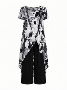 Ellevyn 女士全印花不对称下摆交叉露脐上衣和纯色长裤两件套 - 黑色 - 查看 3