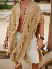 Genlund Cardigan décontracté avec décoration à franges pour homme grande taille, vacances - Nude - Voir 4