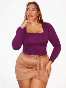 MelDlgn Plus Size Women Square Neck Long Sleeve Fitted T-Shirt, Autumn Fall Cloth For Women - Burgundy - View 6