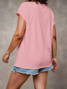 EMERY ROSE Plus Size Pink Solid Round Neck Batwing Short Sleeve Chest Pocket Straight Hem Loose Casual T-Shirt Women Summer Basic Tee Tops - Multicolor - View 2