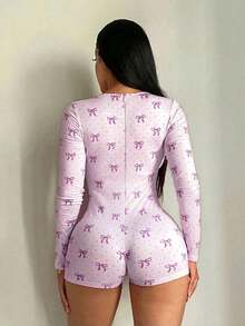 SHEIN SXY 女士性感休闲粉色波点蝴蝶结印花弹力连体裤，舒适针织短裤，家居服女士连体衣粉色蝴蝶结连体衣 - 紫色 - 查看 5