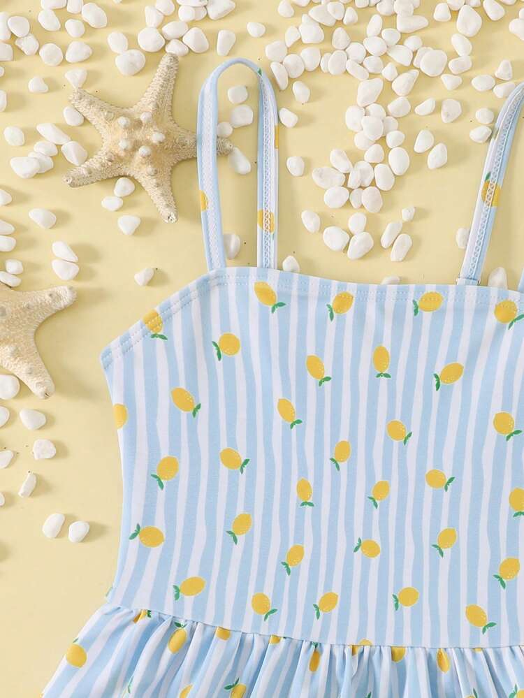 Girls Lemon Print Striped One Piece Swimsuit With Ruffle Peplum Detail And Adjustable Straps Summer Beach Pool Vacation