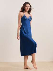 SilkySpell 对比色蕾丝开衩下摆吊带睡衣长裙奢华家居服 - 寶藍色 - 查看 6