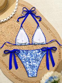 Bonvoyette Women's Summer Vacation Beach Fashion All-Over Print Halter Bikini Set Bathing Suits For Women 2 Pieces 2 Pieces Set Vacation Outfits Women Bikini Set - Blue - View 6