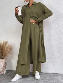 SHEIN LUNE Women's Solid Color Long Sleeve Single-Breasted Long Shirt And Pants Casual 2 Pieces Set - Army Green - View 5