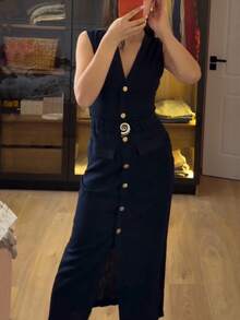 Siren Gaze V领无袖亚麻连衣裙，配腰带，修身开襟连衣裙，纽扣衬衫裙，休闲中长连衣裙，商务休闲连衣裙，夏季女士休闲连衣裙 - 藏蓝色 - 查看 3