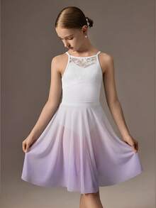 SHEIN 少女两件套：柔软蕾丝露背吊带连体衣+修身渐变网纱裙，舒适弹力面料，适合舞蹈、瑜伽、芭蕾舞。 - 白色 - 查看 1