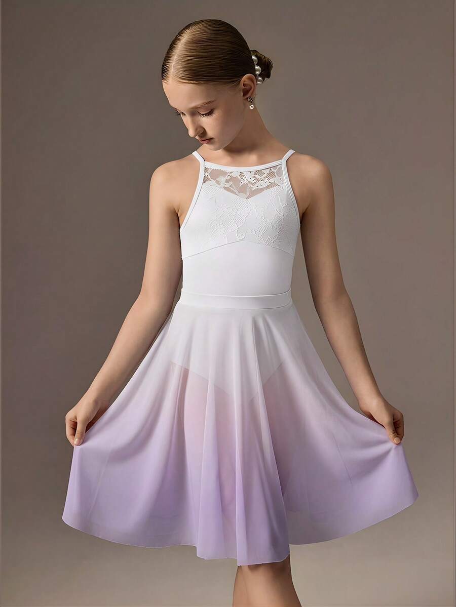 SHEIN 少女两件套:柔软蕾丝露背吊带连体衣+修身渐变网纱裙,舒适弹力面料,适合舞蹈、瑜伽、芭蕾舞。 - 白色 - 查看 1