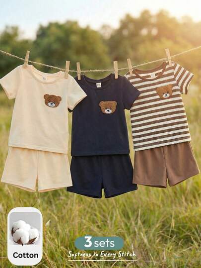 Cozy Pixies Conjunto de 6 piezas de parte superior de manga corta con cuello redondo y estampado de oso de dibujos animados, y pantalones cortos de cintura elástica para bebé niño