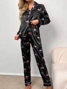 Conjunto de pijama con top de satén y pantalones con estampado de flamenco y letras, con detalles acogedores y elegantes para otoño e invierno - Negro - Ver 4