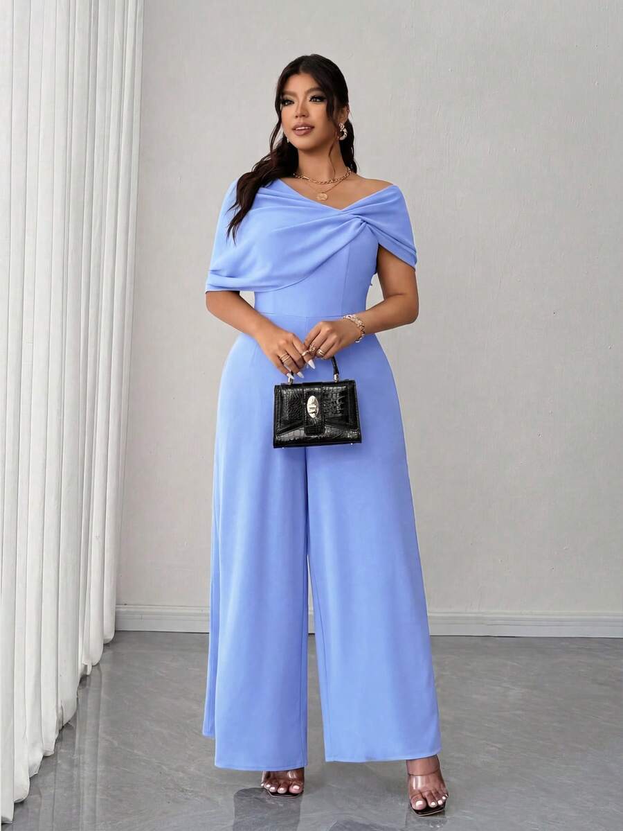 Elenzga Eleganter romantischer Jumpsuit für Damen in Große Größen mit asymmetrischem Kragen und taillierter Passform - Blau - Übersicht 1