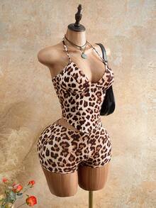 Mistrie Women's Leopard Print Halter Neck Tank Top And Shorts 2 Pieces Fitted Set - Multicolor - View 6