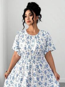 Elenzga Vestido de línea A de manga corta con cuello redondo y estampado floral, diseño de cintura elástica favorecedora, adecuado para el uso diario, salidas, fiestas y vacaciones, talla grande y elegante - Multicolor - Ver 4