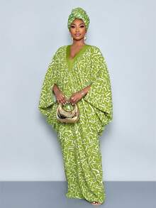 SOLERSUN 大码春夏新款撞色抽象几何印花V领褶皱设计，茧型层叠O字长裙，宽松版型，适合日常休闲穿着、聚会、约会、情人节、鸡尾酒会、毕业派对、旅行、海滩度假、音乐节、嘉年华、婚礼季、宾客着装，性感优雅，简约时尚女装。 - Limelight Green - 查看 6