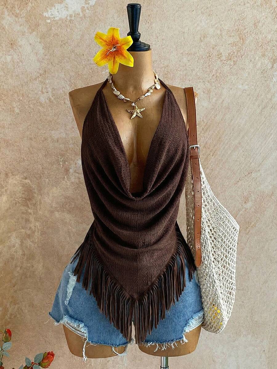 Soleia Women's Casual Solid Color Textured Plunging Neck Fringe Hem Backless Halter Top, Suitable For Beach & Holiday - Coffee Brown - View 1