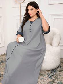 Al Najma 大码女式优雅撞色阿拉伯风格连衣裙 - 藍色 - 查看 6